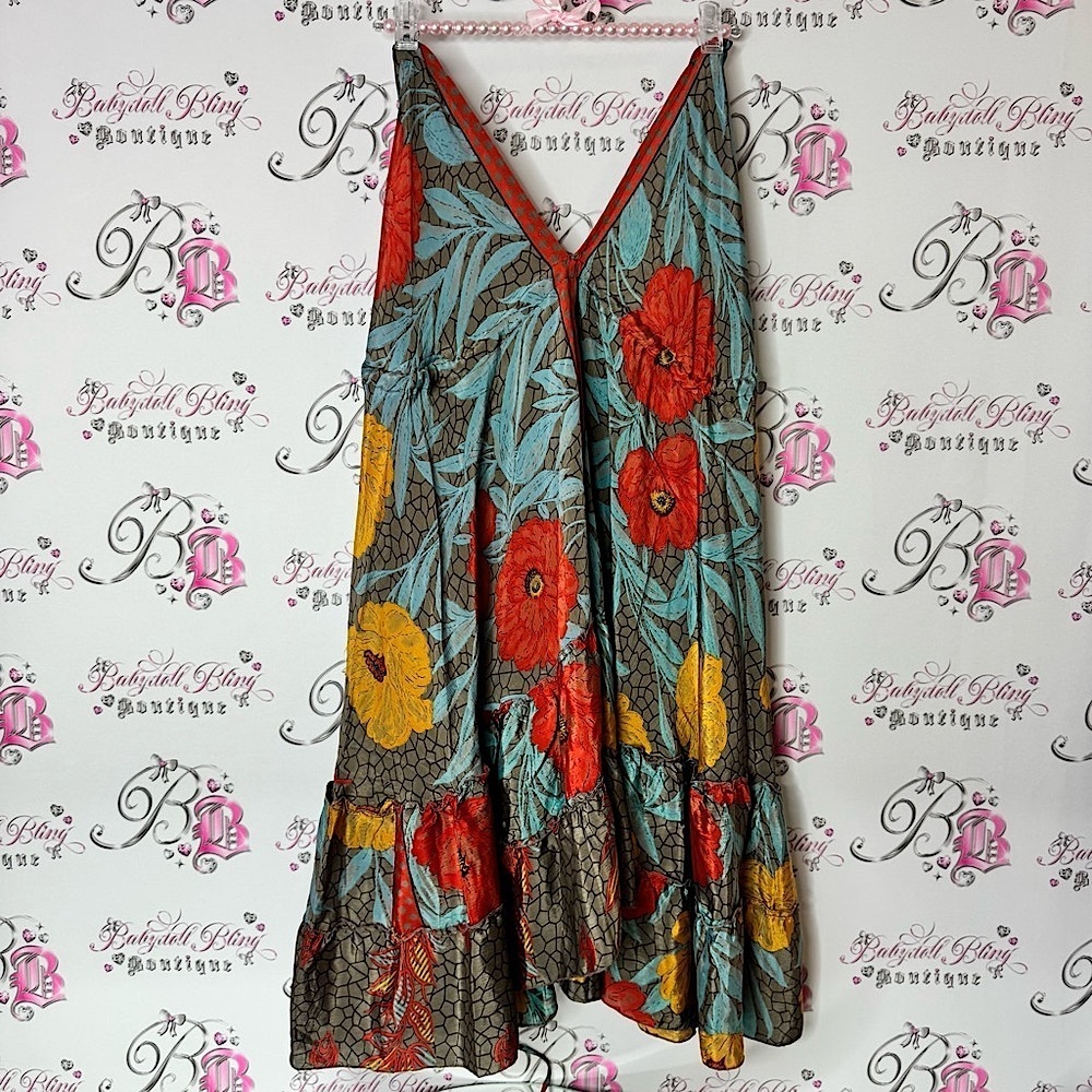 Floral Sleeveless Dress Ruffle Hem red orange yellow blue grey shiny shimmer